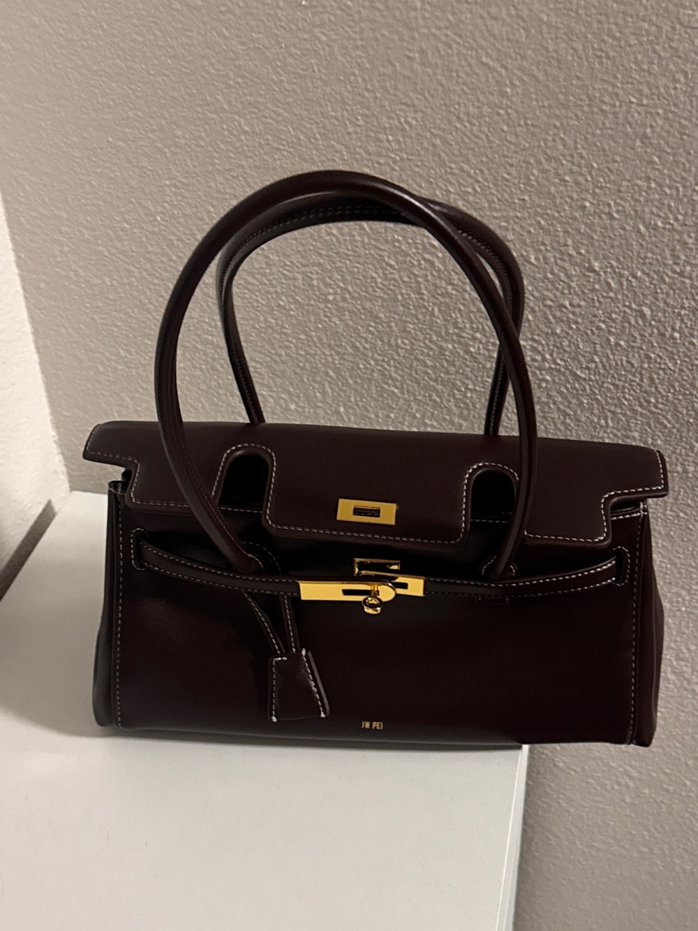 JW PEI Dark Brown Structured Top-Handle Shoulder Bag with Gold Hardware - Picture 2 of 8